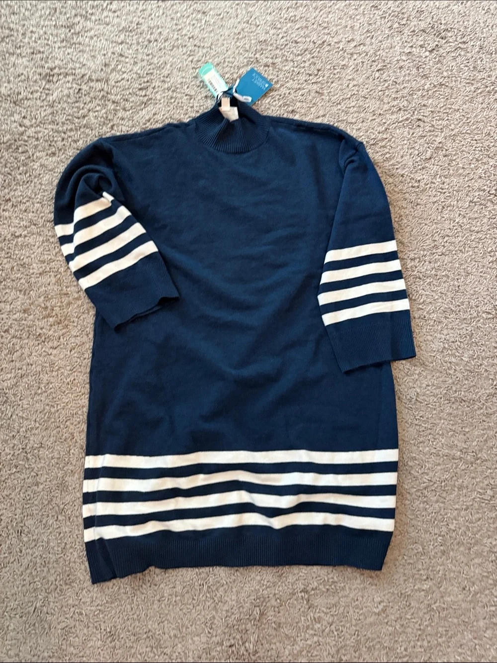 Market & Spruce Navy Turtleneck Dress Sweater with White Stripes